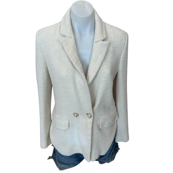 Maje White Tweed Blazer SMALL Tailored Cotton Boucle Quiet Luxury Designer $600 - Picture 3 of 11